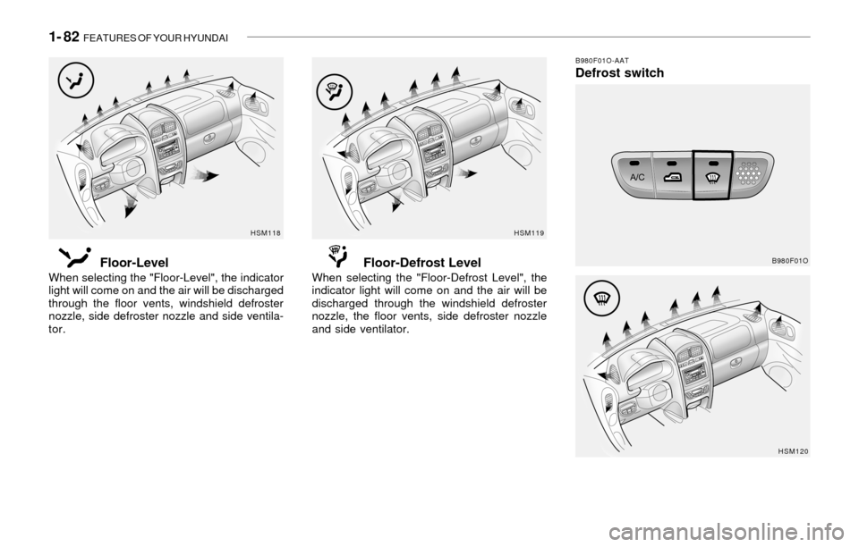 Hyundai Santa Fe 2003 Owners Manual 1- 82 FEATURES OF YOUR HYUNDAI
HSM120
B980F01O-AATDefrost switch
B980F01OFloor-Level
When selecting the "Floor-Level", the indicator
light will come on and the air will be discharged
through the floo Hyundai Santa Fe 2003 Owners Manual 1- 82 FEATURES OF YOUR HYUNDAI
HSM120
B980F01O-AATDefrost switch
B980F01OFloor-Level
When selecting the "Floor-Level", the indicator
light will come on and the air will be discharged
through the floo