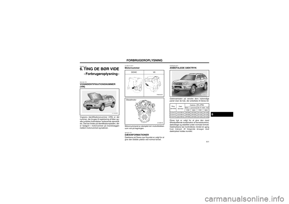 Hyundai Santa Fe 2003 Instruktionsbog (in Danish) 6-1
FORBRUGEROPLYSNING
I010B01S-GCT
Motornummer
ZI000A1-AC
6. TING DE BØR VIDE
- Forbrugeroplysning -
SI010A1-FC
VOGNIDENTIFIKATIONSNUMMER
(VIN) Vognens identifikationsnummer (VIN) er det
nummer, der Hyundai Santa Fe 2003 Instruktionsbog (in Danish) 6-1
FORBRUGEROPLYSNING
I010B01S-GCT
Motornummer
ZI000A1-AC
6. TING DE BØR VIDE
- Forbrugeroplysning -
SI010A1-FC
VOGNIDENTIFIKATIONSNUMMER
(VIN) Vognens identifikationsnummer (VIN) er det
nummer, der
