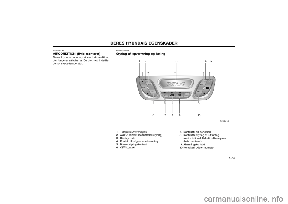 Hyundai Santa Fe 2003  Instruktionsbog (in Danish) DERES HYUNDAIS EGENSKABER1- 59
6YB970A1-AC AIRCONDITION (Hvis monteret)Deres Hyundai er udstyret med aircondition,
der fungerer således, at De blot skal indstille den ønskede temperatur. B970B01O-GC