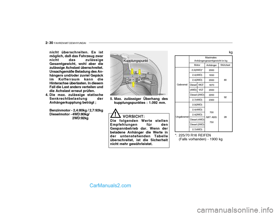 Hyundai Santa Fe 2003  Betriebsanleitung (in German) 2- 30  FAHREN MIT DEM HYUNDAI
nicht überschreiten. Es ist möglich, daß das Fahrzeug zwar nicht das zulässigeGesamtgewicht, wohl aber die zulässige Achslast überschreitet. Unsachgemäße Beladung