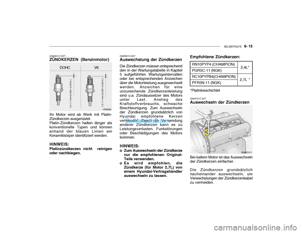 Hyundai Santa Fe 2003  Betriebsanleitung (in German) SELBSTHILFE   6- 15
G060A01O-GST ZÜNDKERZEN (Benzinmotor) Ihr Motor wird ab Werk mit Platin- Zündkerzen ausgerüstet.Platin-Zündkerzen halten länger alskonventionelle Typen und könnenanhand der b