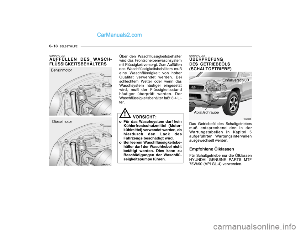 Hyundai Santa Fe 2003  Betriebsanleitung (in German) 6- 18   SELBSTHILFE
HSM435
G090A01O-GST AUFFÜLLEN DES WASCH-
FLÜSSIGKEITSBEHÄLTERS Über den Waschflüssigkeitsbehälterwird das Frontscheibenwaschsystem mit Flüssigkeit versorgt. Zum Auffüllende