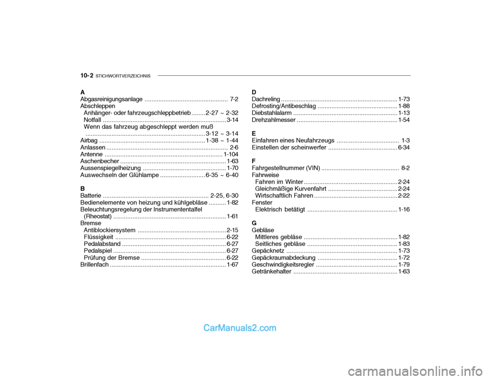 Hyundai Santa Fe 2003 Betriebsanleitung (in German) 10- 2 STICHWORTVERZEICHNIS
A Abgasreinigungsanlage ................................................ 7-2
Abschleppen Anhänger- oder fahrzeugschleppbetrieb ........ 2-27 ~ 2-32
Notfall .............. Hyundai Santa Fe 2003 Betriebsanleitung (in German) 10- 2 STICHWORTVERZEICHNIS
A Abgasreinigungsanlage ................................................ 7-2
Abschleppen Anhänger- oder fahrzeugschleppbetrieb ........ 2-27 ~ 2-32
Notfall ..............