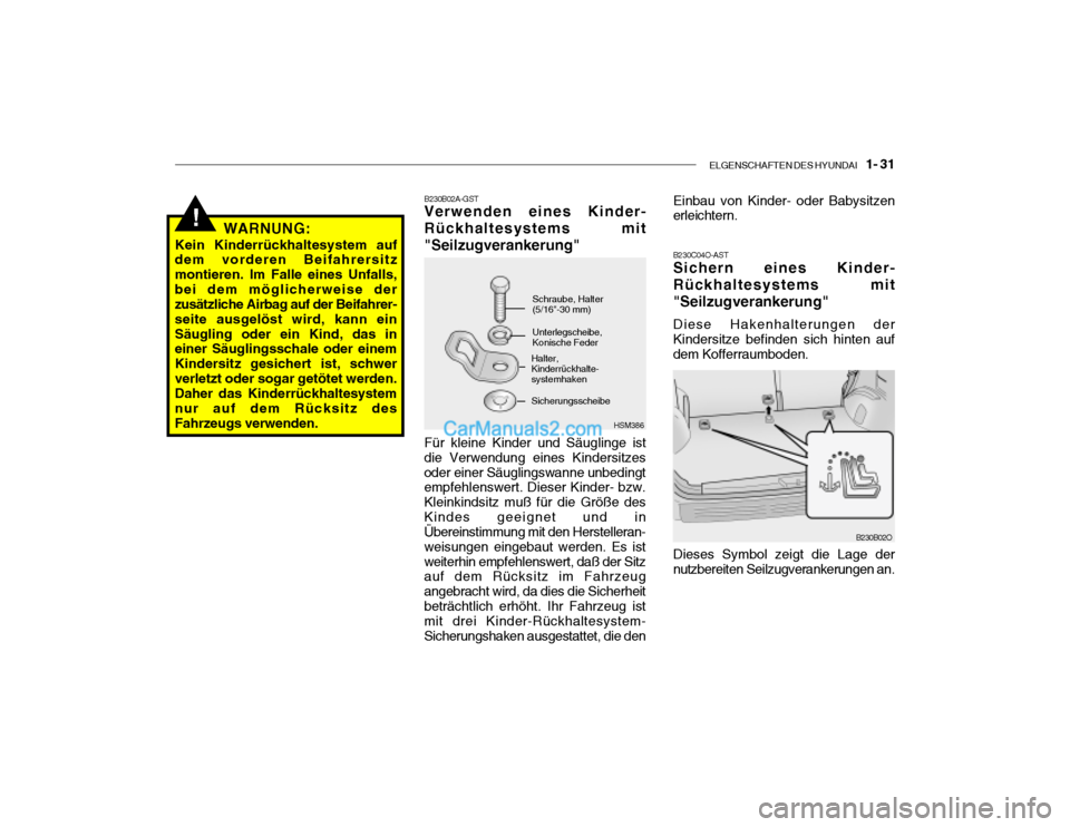 Hyundai Santa Fe 2003  Betriebsanleitung (in German) ELGENSCHAFTEN DES HYUNDAI    1- 31
HSM386
!
B230B02A-GST Verwenden eines Kinder- Rückhaltesystems mit"Seilzugverankerung"
Schraube, Halter (5/16"-30 mm) Unterlegscheibe, Konische Feder
Halter, Kinder