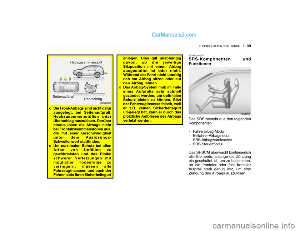 Hyundai Santa Fe 2003  Betriebsanleitung (in German) ELGENSCHAFTEN DES HYUNDAI    1- 39
B240D01O
o Die Front-Airbags sind nicht dafür ausgelegt, bei Seitenaufprall, Heckzusammenstößen oder Überschlag auszulösen. Darüber hinaus lösen die Airbags n