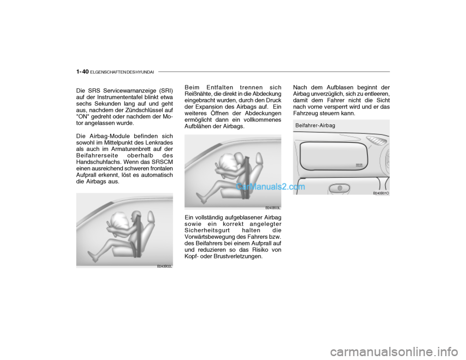 Hyundai Santa Fe 2003  Betriebsanleitung (in German) 1- 40  ELGENSCHAFTEN DES HYUNDAI
Nach dem Aufblasen beginnt der Airbag unverzüglich, sich zu entleeren, damit dem Fahrer nicht die Sichtnach vorne versperrt wird und er das Fahrzeug steuern kann.
B24