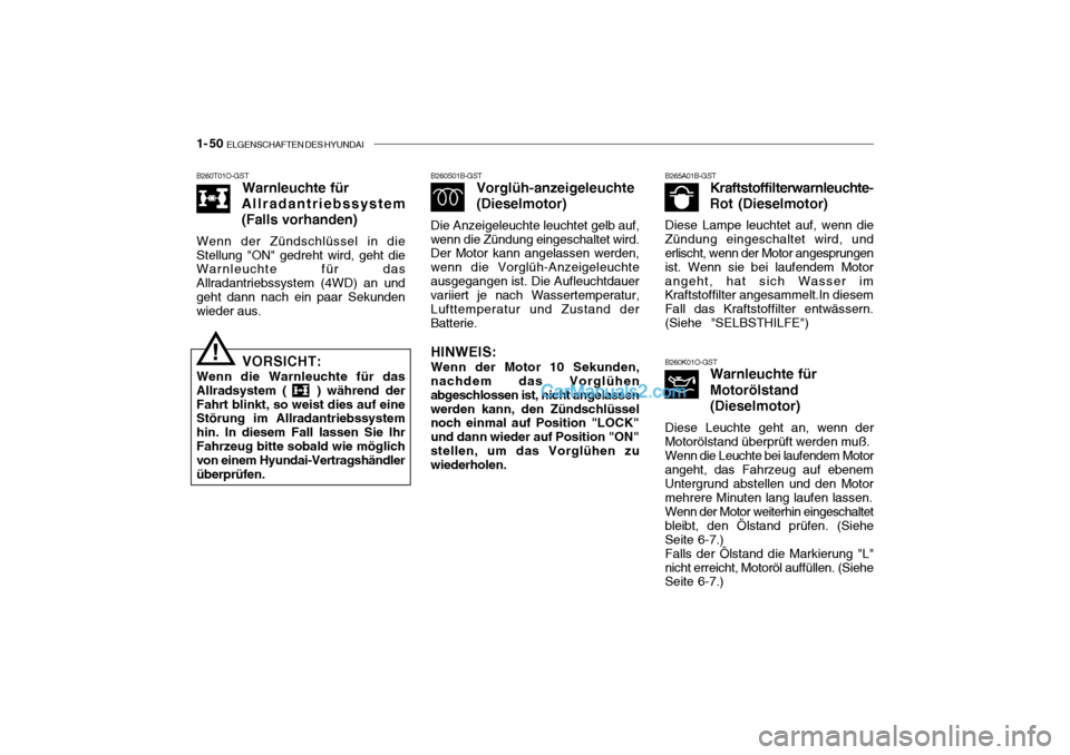 Hyundai Santa Fe 2003  Betriebsanleitung (in German) 1- 50  ELGENSCHAFTEN DES HYUNDAI
B260T01O-GST
Warnleuchte für
Allradantriebssystem (Falls vorhanden)
Wenn der Zündschlüssel in die Stellung "ON" gedreht wird, geht die Warnleuchte für das Allradan
