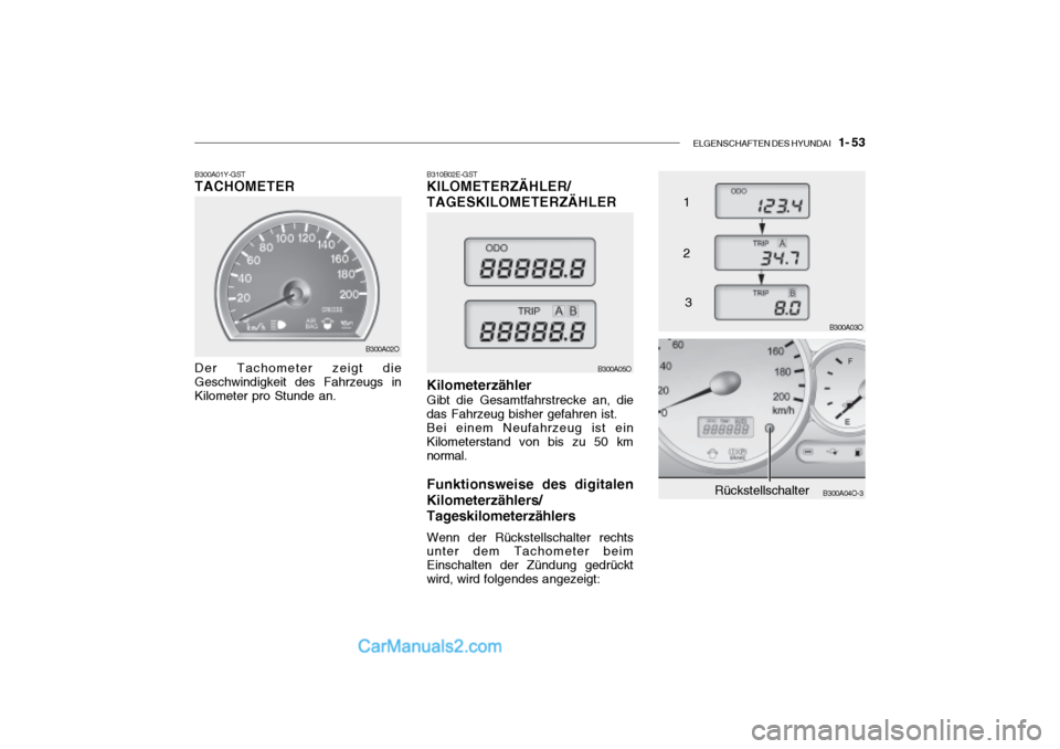 Hyundai Santa Fe 2003  Betriebsanleitung (in German) ELGENSCHAFTEN DES HYUNDAI    1- 53
B300A04O-3 B300A03ORückstellschalter
B310B02E-GST KILOMETERZÄHLER/ TAGESKILOMETERZÄHLER Kilometerzähler Gibt die Gesamtfahrstrecke an, die
das Fahrzeug bisher ge