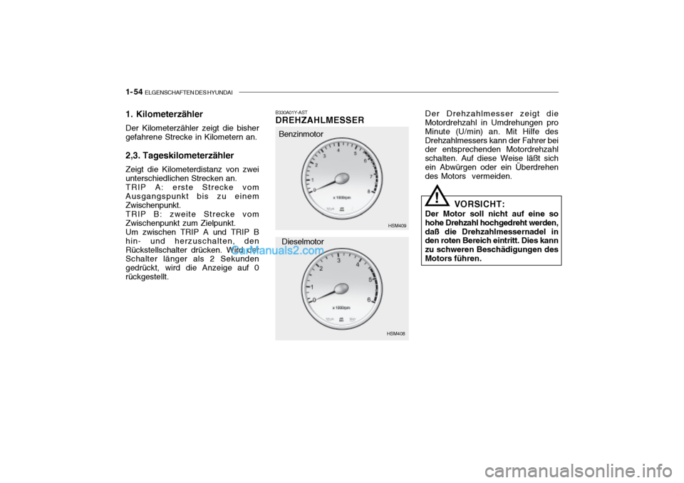 Hyundai Santa Fe 2003  Betriebsanleitung (in German) 1- 54  ELGENSCHAFTEN DES HYUNDAI
1. Kilometerzähler Der Kilometerzähler zeigt die bisher gefahrene Strecke in Kilometern an. 2,3. Tageskilometerzähler Zeigt die Kilometerdistanz von zwei unterschie