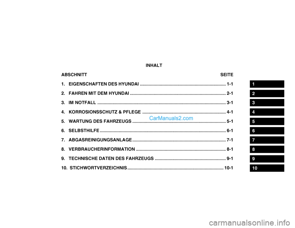 Hyundai Santa Fe 2003  Betriebsanleitung (in German) INHALT
ABSCHNITT SEITE
1. EIGENSCHAFTEN DES HYUNDAI ..................................................................... 1-1 
2. FAHREN MIT  DEM HYUNDAI ..............................................