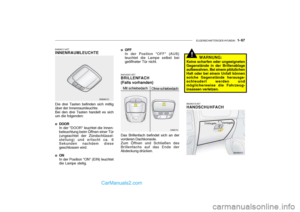 Hyundai Santa Fe 2003 Betriebsanleitung (in German) ELGENSCHAFTEN DES HYUNDAI 1- 67
!
o OFF
In der Position "OFF" (AUS) leuchtet die Lampe selbst bei geöffneter Tür nicht.
B491A02O-GSTBRILLENFACH (Falls vorhanden) Das Brillenfach befindet sich an Hyundai Santa Fe 2003 Betriebsanleitung (in German) ELGENSCHAFTEN DES HYUNDAI 1- 67
!
o OFF
In der Position "OFF" (AUS) leuchtet die Lampe selbst bei geöffneter Tür nicht.
B491A02O-GSTBRILLENFACH (Falls vorhanden) Das Brillenfach befindet sich an