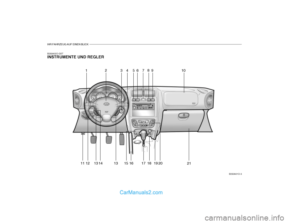Hyundai Santa Fe 2003  Betriebsanleitung (in German) IHR FAHRZEUG AUF EINEN BLICK
B250A02O-GST INSTRUMENTE UND REGLER
B250A01O-3
12
34 567 8
11 12 13 13 15 16 17 18 19 149
2010
21   