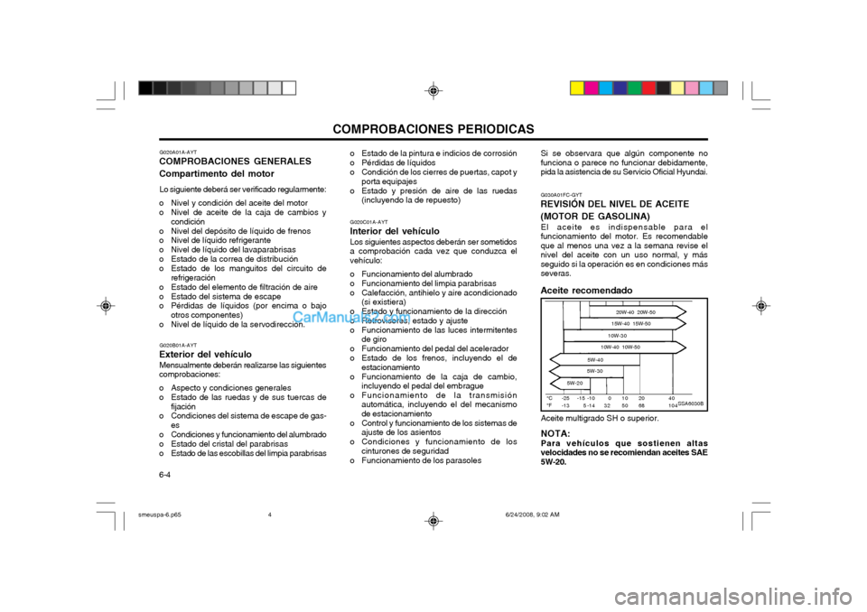 Hyundai Santa Fe 2003  Manual del propietario (in Spanish) COMPROBACIONES PERIODICAS
6-4 G020A01A-AYT
COMPROBACIONES GENERALES Compartimento del motor
Lo siguiente deberá ser verificado regularmente:
o Nivel y condición del aceite del motor 
o Nivel de acei