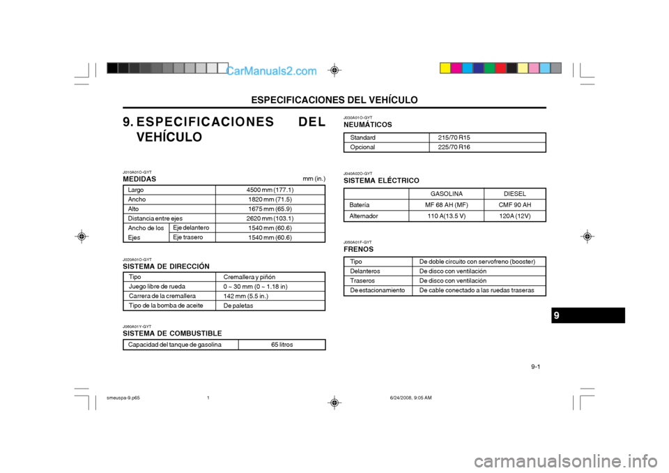 Hyundai Santa Fe 2003 Manual del propietario (in Spanish) ESPECIFICACIONES DEL VEHÍCULO 9-1
9. ESPECIFICACIONES DEL
VEHÍCULO J030A01O-GYT NEUMÁTICOS
Standard Opcional
215/70 R15225/70 R16
J010A01O-GYT MEDIDAS mm (in.)
J020A01O-GYTSISTEMA DE DIRECCIÓN
Cr Hyundai Santa Fe 2003 Manual del propietario (in Spanish) ESPECIFICACIONES DEL VEHÍCULO 9-1
9. ESPECIFICACIONES DEL
VEHÍCULO J030A01O-GYT NEUMÁTICOS
Standard Opcional
215/70 R15225/70 R16
J010A01O-GYT MEDIDAS mm (in.)
J020A01O-GYTSISTEMA DE DIRECCIÓN
Cr
