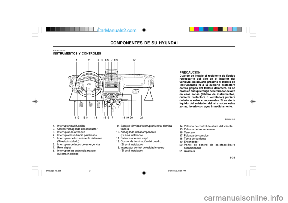 Hyundai Santa Fe 2003 Manual del propietario (in Spanish) COMPONENTES DE SU HYUNDAI 1-31
B250A02O-GHT INSTRUMENTOS Y CONTROLES
1. Interruptor multifunción
2. Claxon/Airbag lado del conductor
3. Interruptor de arranque
4. Interruptor lava/limpia parabris Hyundai Santa Fe 2003 Manual del propietario (in Spanish) COMPONENTES DE SU HYUNDAI 1-31
B250A02O-GHT INSTRUMENTOS Y CONTROLES
1. Interruptor multifunción
2. Claxon/Airbag lado del conductor
3. Interruptor de arranque
4. Interruptor lava/limpia parabris