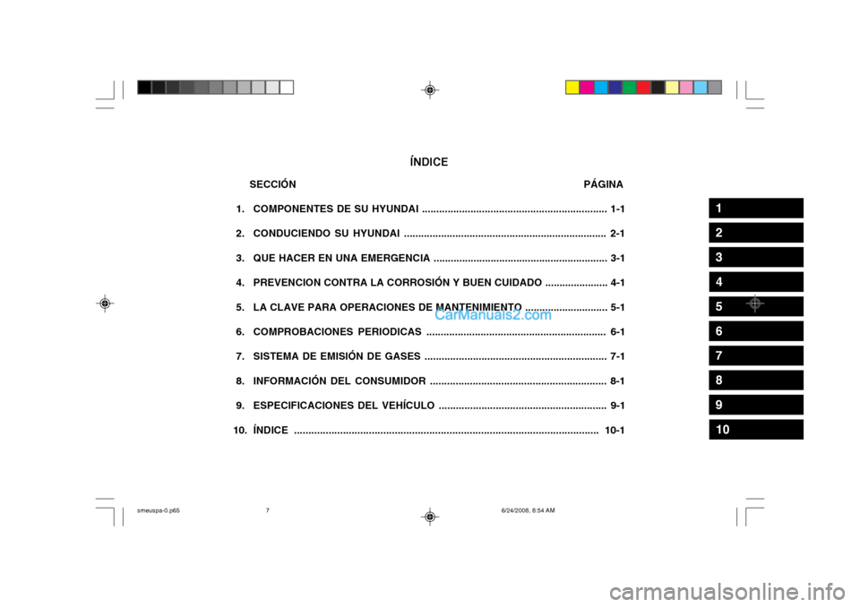 Hyundai Santa Fe 2003  Manual del propietario (in Spanish) ÍNDICE
 SECCIÓN                                                                                                 PÁGINA
 1. COMPONENTES DE SU HYUNDAI ................................................