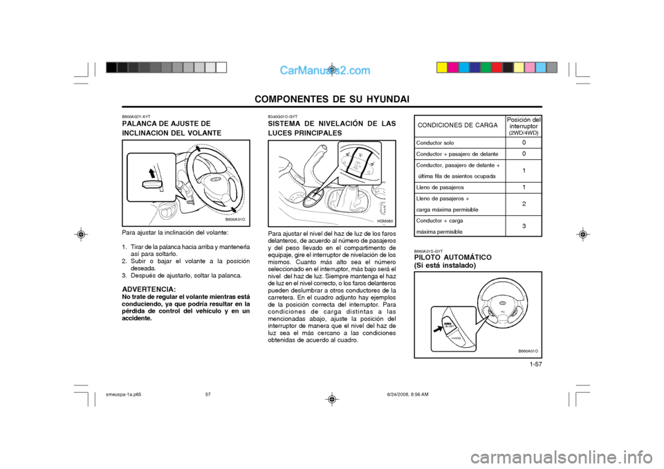 Hyundai Santa Fe 2003  Manual del propietario (in Spanish) COMPONENTES DE SU HYUNDAI  1-57
Conductor solo Conductor + pasajero de delante Conductor, pasajero de delante +  última fila de asientos ocupada Lleno de pasajeros Lleno de pasajeros + carga máxima 