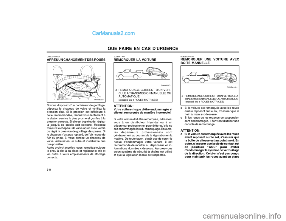 Hyundai Santa Fe 2003 Manuel du propriétaire (in French) QUE FAIRE EN CAS DURGENCE
3-8 D080B02O-AUT REMORQUER UNE VOITURE AVEC BOITE MANUELLE
o Si la voiture est remorquée avec les roues
arrière reposant sur le sol, sassurer que le frein à main est de Hyundai Santa Fe 2003 Manuel du propriétaire (in French) QUE FAIRE EN CAS DURGENCE
3-8 D080B02O-AUT REMORQUER UNE VOITURE AVEC BOITE MANUELLE
o Si la voiture est remorquée avec les roues
arrière reposant sur le sol, sassurer que le frein à main est de