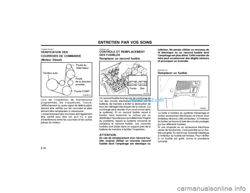 Hyundai Santa Fe 2003  Manuel du propriétaire (in French) ENTRETIEN PAR VOS SOINS
6-16
ZG200A1-AU CONTROLE ET REMPLACEMENT DES FUSIBLES Remplacer un raccord fusible Un raccord fusible fond en cas de surcharge de
lun des circuits électriques branchés sur l
