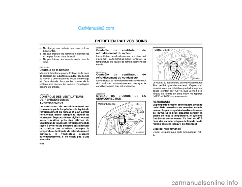 Hyundai Santa Fe 2003  Manuel du propriétaire (in French) ENTRETIEN PAR VOS SOINS
6-18
o Ne charger une batterie que dans un local
bien ventilé.
o Ne pas produire de flammes ni détincelles et ne pas fumer dans le local.
o Ne pas laisser les enfants seuls 