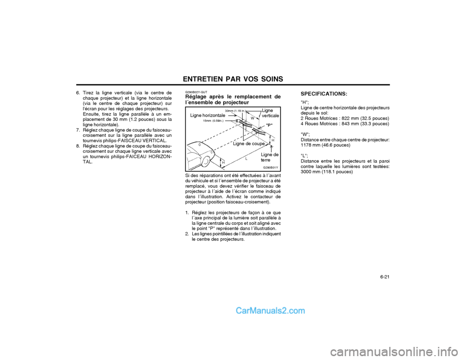 Hyundai Santa Fe 2003  Manuel du propriétaire (in French) ENTRETIEN PAR VOS SOINS  6-21
G290B02Y-GUT Réglage après le remplacement de
l´ensemble de projecteur
G290B01Y
Ligne horizontale
LW
H
H "P"
15mm (0.59in.)
Si des réparations ont été effectuées 