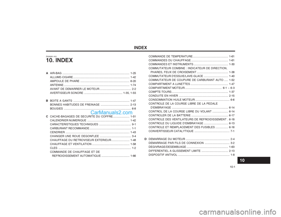 Hyundai Santa Fe 2003  Manuel du propriétaire (in French) INDEX10-1
COMMANDE DE TEMPERATURE
.............................................1-61
COMMANDES DU CHAUFFAGE ...............................................1-61
COMMANDES ET INSTRUMENTS ................