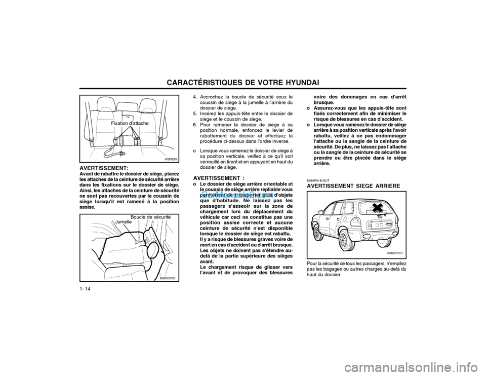 Hyundai Santa Fe 2003  Manuel du propriétaire (in French) CARACTÉRISTIQUES DE VOTRE HYUNDAI
1- 14
AVERTISSEMENT:
Avant de rabattre le dossier de siège, placez
les attaches de la ceinture de sécurité arrière dans les fixations sur le dossier de siège.Ai