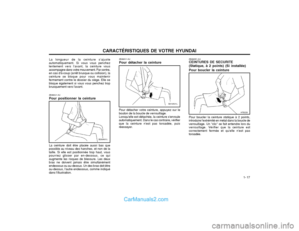 Hyundai Santa Fe 2003  Manuel du propriétaire (in French) CARACTÉRISTIQUES DE VOTRE HYUNDAI1- 17
ZB090U1-AU Pour positionner la ceinture La ceinture doit être placée aussi bas que
possible au niveau des hanches, et non de la taille. Si elle est positionn