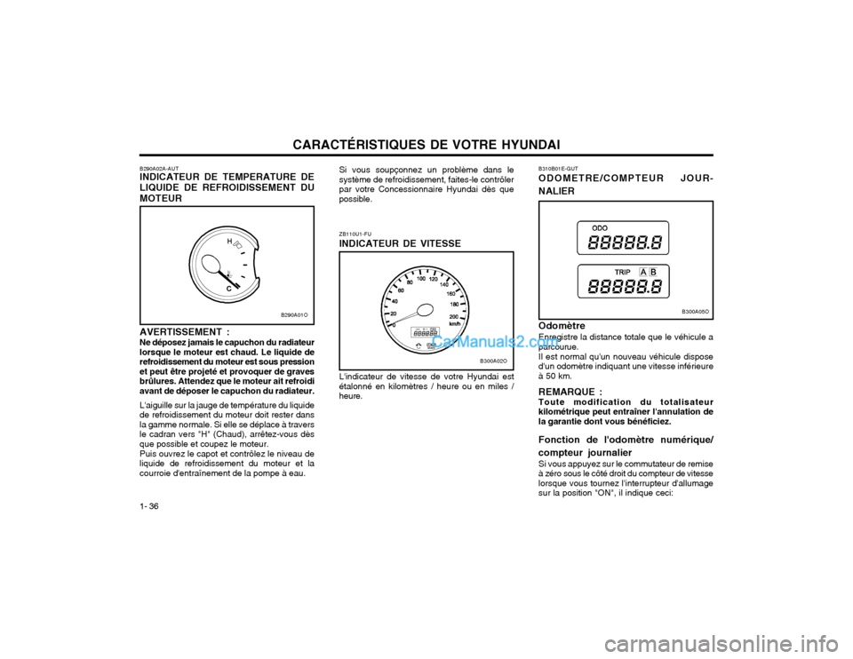 Hyundai Santa Fe 2003 Manuel du propriétaire (in French) CARACTÉRISTIQUES DE VOTRE HYUNDAI
1- 36 B310B01E-GUT ODOMETRE/COMPTEUR JOUR- NALIER Odomètre Enregistre la distance totale que le véhicule a parcourue. Il est normal quun nouveau véhicule dispose Hyundai Santa Fe 2003 Manuel du propriétaire (in French) CARACTÉRISTIQUES DE VOTRE HYUNDAI
1- 36 B310B01E-GUT ODOMETRE/COMPTEUR JOUR- NALIER Odomètre Enregistre la distance totale que le véhicule a parcourue. Il est normal quun nouveau véhicule dispose