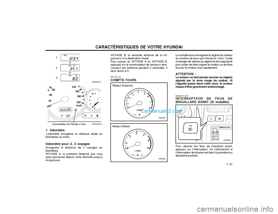 Hyundai Santa Fe 2003 Manuel du propriétaire (in French) CARACTÉRISTIQUES DE VOTRE HYUNDAI1- 37
Pour allumer les feux de brouillard avant, appuyer sur linterrupteur. Ils sallumeront silinterrupteur de phares est dans la première oudeuxième position. B Hyundai Santa Fe 2003 Manuel du propriétaire (in French) CARACTÉRISTIQUES DE VOTRE HYUNDAI1- 37
Pour allumer les feux de brouillard avant, appuyer sur linterrupteur. Ils sallumeront silinterrupteur de phares est dans la première oudeuxième position. B