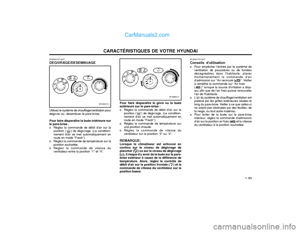 Hyundai Santa Fe 2003 Manuel du propriétaire (in French) CARACTÉRISTIQUES DE VOTRE HYUNDAI1- 63
Utilisez le système de chauffage/ventilation pour
dégivrer ou désembuer le pare-brise;
Pour faire disparaître la buée intérieure sur
le pare-brise .
o R Hyundai Santa Fe 2003 Manuel du propriétaire (in French) CARACTÉRISTIQUES DE VOTRE HYUNDAI1- 63
Utilisez le système de chauffage/ventilation pour
dégivrer ou désembuer le pare-brise;
Pour faire disparaître la buée intérieure sur
le pare-brise .
o R