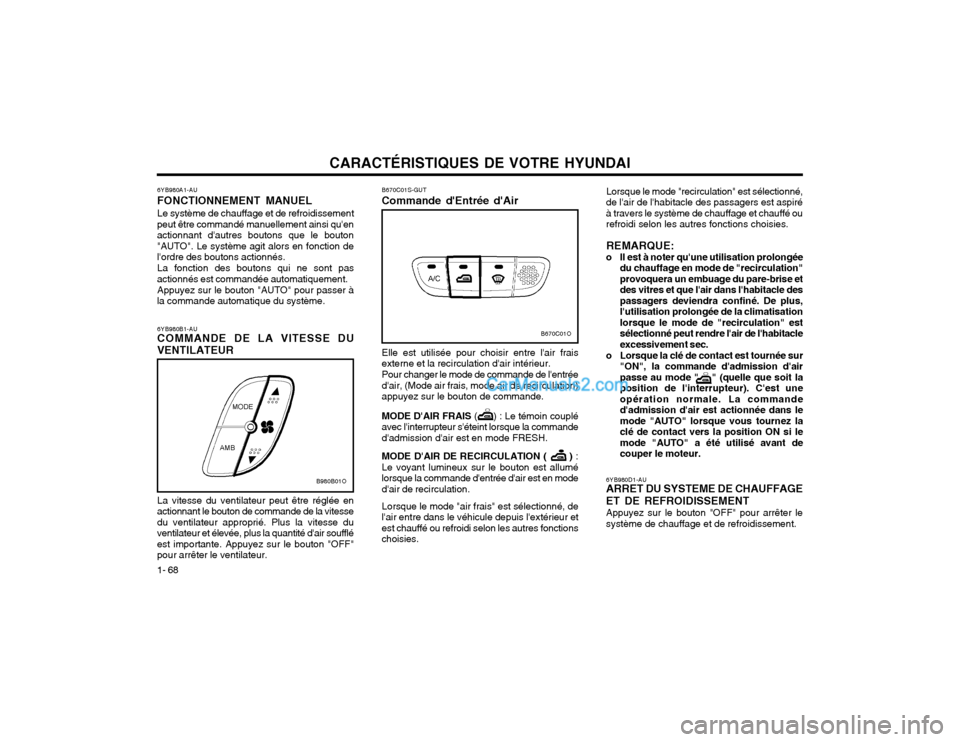 Hyundai Santa Fe 2003 Manuel du propriétaire (in French) CARACTÉRISTIQUES DE VOTRE HYUNDAI
1- 68 6YB980A1-AU FONCTIONNEMENT MANUELLe système de chauffage et de refroidissement
peut être commandé manuellement ainsi quen actionnant dautres boutons que l Hyundai Santa Fe 2003 Manuel du propriétaire (in French) CARACTÉRISTIQUES DE VOTRE HYUNDAI
1- 68 6YB980A1-AU FONCTIONNEMENT MANUELLe système de chauffage et de refroidissement
peut être commandé manuellement ainsi quen actionnant dautres boutons que l