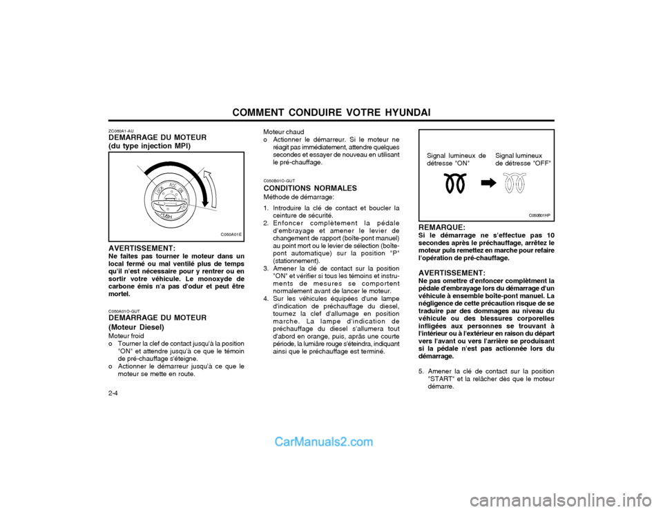 Hyundai Santa Fe 2003  Manuel du propriétaire (in French) COMMENT CONDUIRE VOTRE HYUNDAI
2-4 ZC060A1-AU DEMARRAGE DU MOTEUR (du type injection MPI) AVERTISSEMENT: Ne faites pas tourner le moteur dans un
local fermé ou mal ventilé plus de temps quil nest 
