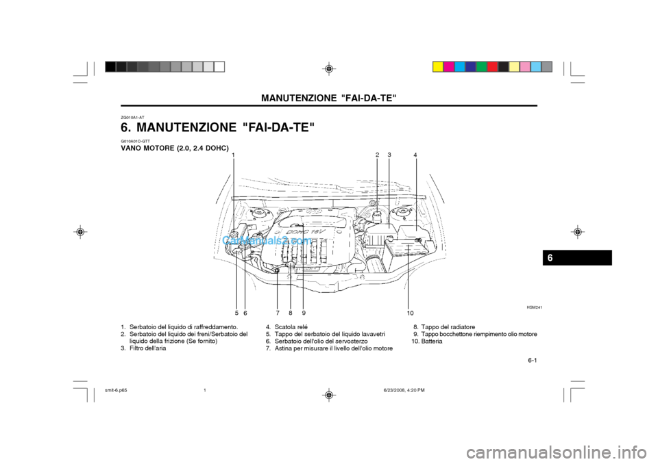 Hyundai Santa Fe 2003 Manuale del proprietario (in Italian) 6-1
MANUTENZIONE "FAI-DA-TE"
ZG010A1-AT
6. MANUTENZIONE "FAI-DA-TE" G010A01O-GTT
VANO MOTORE (2.0, 2.4 DOHC)
1. Serbatoio del liquido di raffreddamento.
2. Serbatoio del liquido dei freni/Serbatoi Hyundai Santa Fe 2003 Manuale del proprietario (in Italian) 6-1
MANUTENZIONE "FAI-DA-TE"
ZG010A1-AT
6. MANUTENZIONE "FAI-DA-TE" G010A01O-GTT
VANO MOTORE (2.0, 2.4 DOHC)
1. Serbatoio del liquido di raffreddamento.
2. Serbatoio del liquido dei freni/Serbatoi
