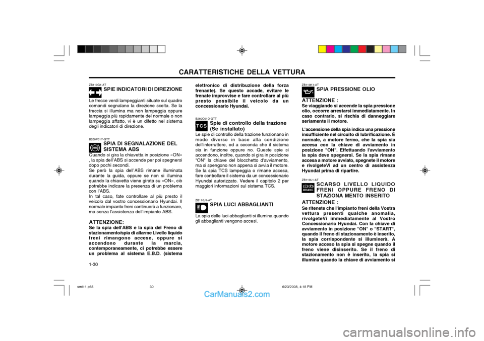 Hyundai Santa Fe 2003 Manuale del proprietario (in Italian) CARATTERISTICHE DELLA VETTURA
1-30 ZB110G1-AT
SPIE INDICATORI DI DIREZIONE
Le frecce verdi lampeggianti situate sul quadro comandi segnalano la direzione scelta. Se lafreccia si illumina ma non lampeg Hyundai Santa Fe 2003 Manuale del proprietario (in Italian) CARATTERISTICHE DELLA VETTURA
1-30 ZB110G1-AT
SPIE INDICATORI DI DIREZIONE
Le frecce verdi lampeggianti situate sul quadro comandi segnalano la direzione scelta. Se lafreccia si illumina ma non lampeg