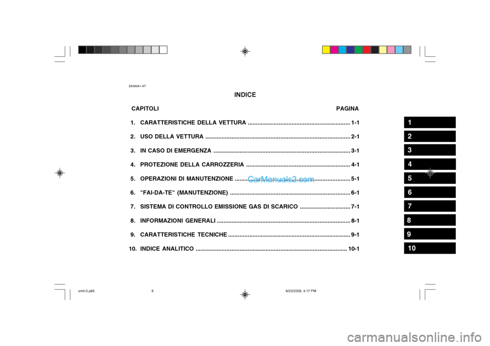 Hyundai Santa Fe 2003 Manuale del proprietario (in Italian) ZA050A1-ATINDICE
CAPITOLI PAGINA
1. CARATTERISTICHE DELLA VETTURA............................. Hyundai Santa Fe 2003 Manuale del proprietario (in Italian) ZA050A1-ATINDICE
CAPITOLI PAGINA
1. CARATTERISTICHE DELLA VETTURA.............................