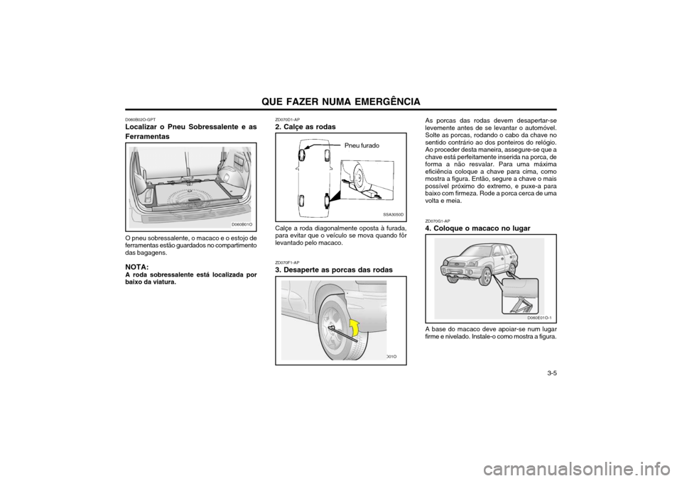 Hyundai Santa Fe 2003  Manual do proprietário (in Portuguese) QUE FAZER NUMA EMERGÊNCIA  3-5
D060B02O-GPT
Localizar o Pneu Sobressalente e as Ferramentas
D060B01O
O pneu sobressalente, o macaco e o estojo de
ferramentas estão guardados no compartimento das bag