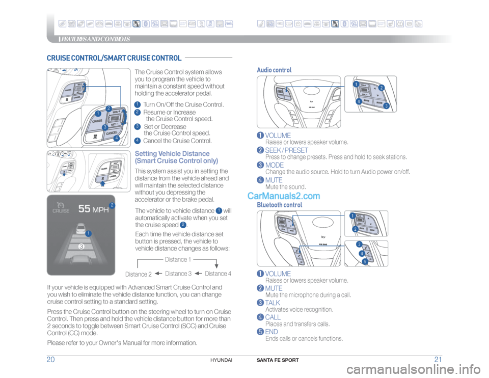 Hyundai Santa Fe Sport 2018 Quick Reference Guide FEATURES AND CONTROLS
SANTA FE SPORT
21 20
HYUNDAI
Audio control
VOLUME
Raises or lowers speaker volume.
SEEK / PRESET
Press to change presets. Press and hold to seek stations.
MODE
Change Hyundai Santa Fe Sport 2018 Quick Reference Guide FEATURES AND CONTROLS
SANTA FE SPORT
21 20
HYUNDAI
Audio control
VOLUME
Raises or lowers speaker volume.
SEEK / PRESET
Press to change presets. Press and hold to seek stations.
MODE
Change