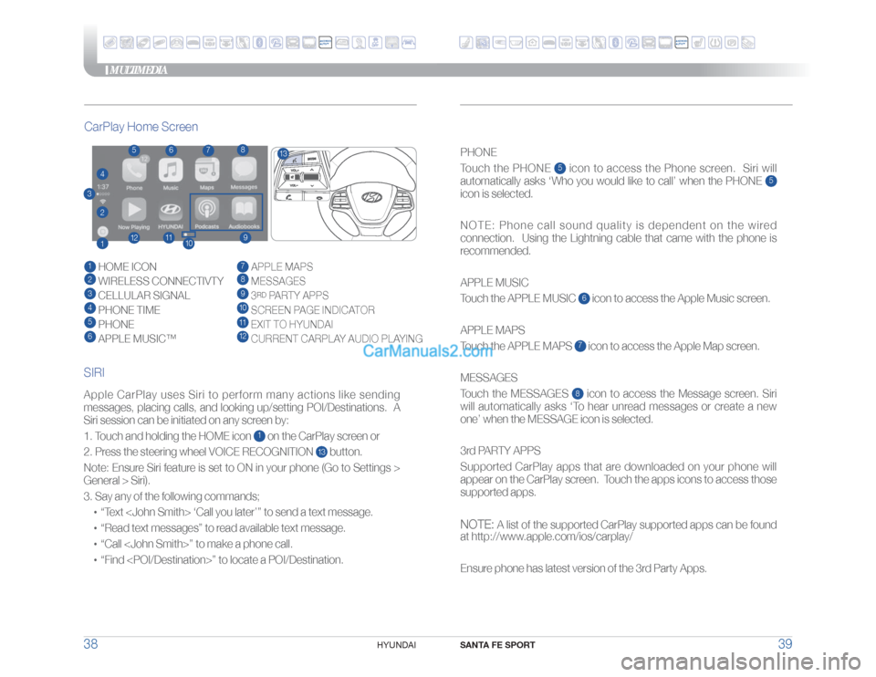 Hyundai Santa Fe Sport 2018 Quick Reference Guide MULTIMEDIA
SANTA FE SPORT
39 38
HYUNDAI
Apple CarPlay uses Siri to perform many actions like sending
messages, placing calls, and looking up/setting POI/Destinations. A
Siri session can be initiat Hyundai Santa Fe Sport 2018 Quick Reference Guide MULTIMEDIA
SANTA FE SPORT
39 38
HYUNDAI
Apple CarPlay uses Siri to perform many actions like sending
messages, placing calls, and looking up/setting POI/Destinations. A
Siri session can be initiat