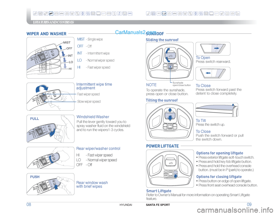 Hyundai Santa Fe Sport 2018  Quick Reference Guide FEATURES AND CONTROLS
SANTA FE SPORT
09 08
HYUNDAI 
MIST  - 
Single wipe
OFF - 
Off
INT - 
Intermittent wipe
LO - 
Normal wiper speed
HI -
 Fast wiper speed
WIPER  AND  WASHER
Intermittent wipe time 
