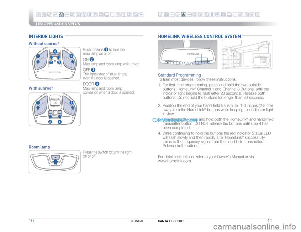 Hyundai Santa Fe Sport 2018  Quick Reference Guide FEATURES AND CONTROLS
SANTA FE SPORT
11 10
HYUNDAI 
HOMELINK  WIRELESS  CONTROL  SYSTEM
Home Link
Standard Programming To train most devices, follow these instructions:
1.  For ﬁrst-time programming