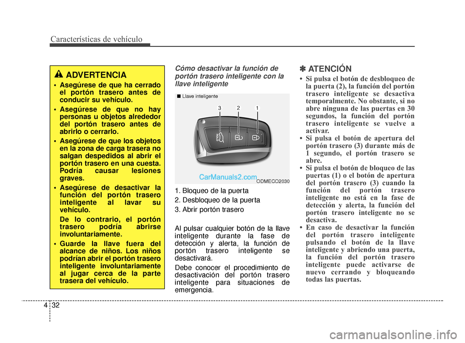 Hyundai Santa Fe Sport 2018 Manual del propietario (in Spanish) Características de vehículo
32
4
Cómo desactivar la función de
portón trasero inteligente con lallave inteligente
1. Bloqueo de la puerta
2. Desbloqueo de la puerta
3. Abrir portón trasero
Al pu Hyundai Santa Fe Sport 2018 Manual del propietario (in Spanish) Características de vehículo
32
4
Cómo desactivar la función de
portón trasero inteligente con lallave inteligente
1. Bloqueo de la puerta
2. Desbloqueo de la puerta
3. Abrir portón trasero
Al pu