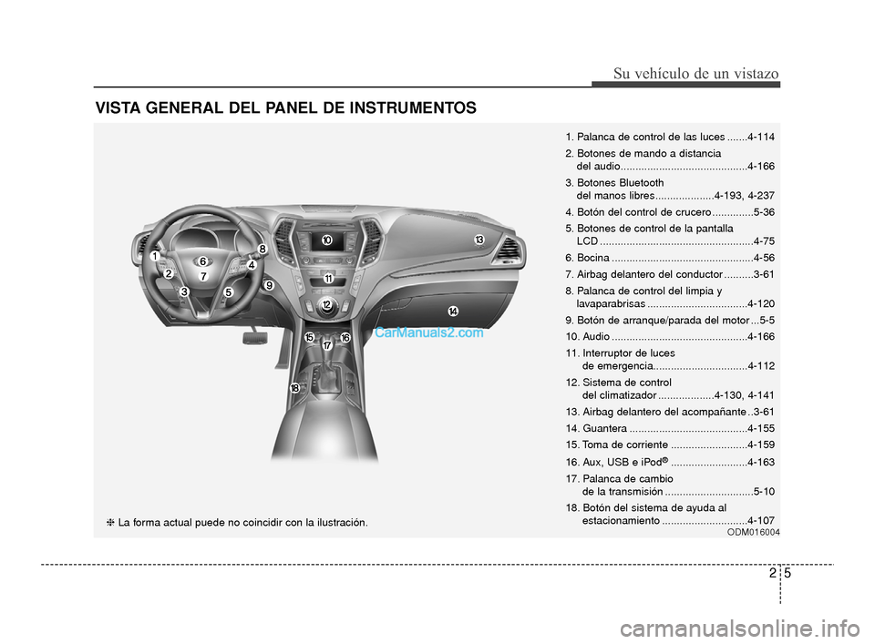 Hyundai Santa Fe Sport 2018  Manual del propietario (in Spanish) VISTA GENERAL DEL PANEL DE INSTRUMENTOS
ODM016004❈La forma actual puede no coincidir con la ilustración. 1. Palanca de control de las luces .......4-114
2. Botones de mando a distancia 
del audio..