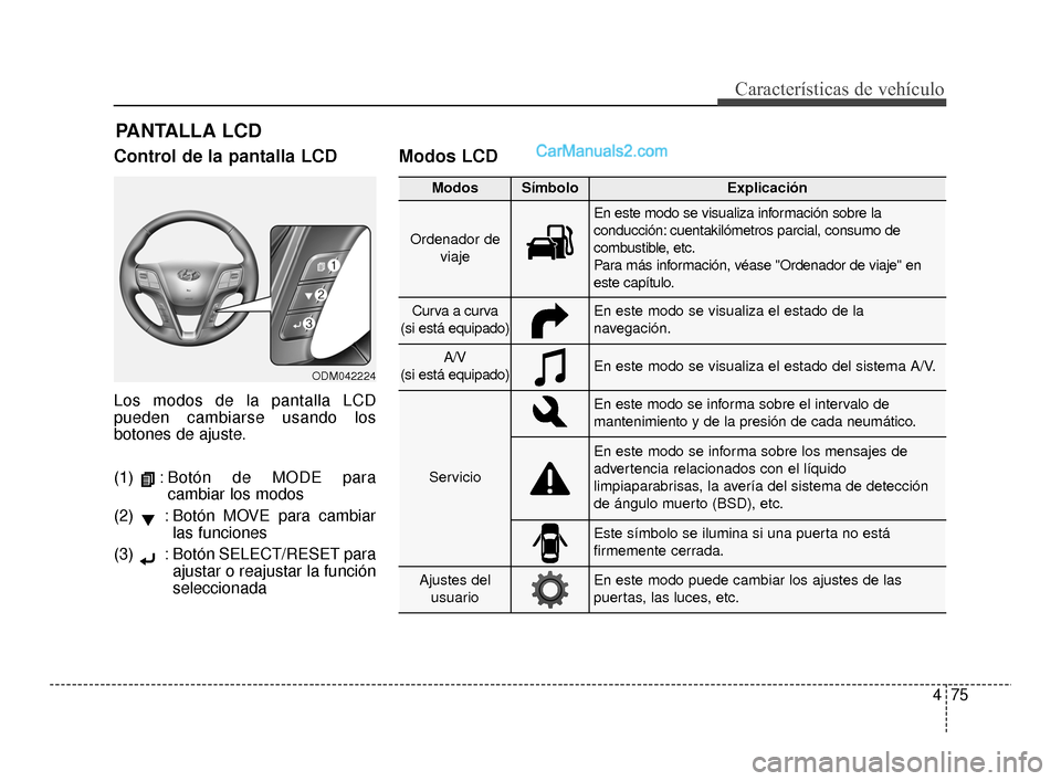 Hyundai Santa Fe Sport 2018 Manual del propietario (in Spanish) 475
Características de vehículo
Control de la pantalla LCD
Los modos de la pantalla LCD
pueden cambiarse usando los
botones de ajuste.
(1) : Botón de MODE paracambiar los modos
(2) : Botón MOVE Hyundai Santa Fe Sport 2018 Manual del propietario (in Spanish) 475
Características de vehículo
Control de la pantalla LCD
Los modos de la pantalla LCD
pueden cambiarse usando los
botones de ajuste.
(1) : Botón de MODE paracambiar los modos
(2) : Botón MOVE