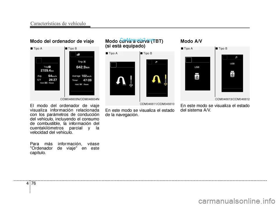 Hyundai Santa Fe Sport 2018 Manual del propietario (in Spanish) Características de vehículo
76
4
Modo del ordenador de viaje
El modo del ordenador de viaje
visualiza información relacionada
con los parámetros de conducción
del vehículo, incluyendo el consumo Hyundai Santa Fe Sport 2018 Manual del propietario (in Spanish) Características de vehículo
76
4
Modo del ordenador de viaje
El modo del ordenador de viaje
visualiza información relacionada
con los parámetros de conducción
del vehículo, incluyendo el consumo