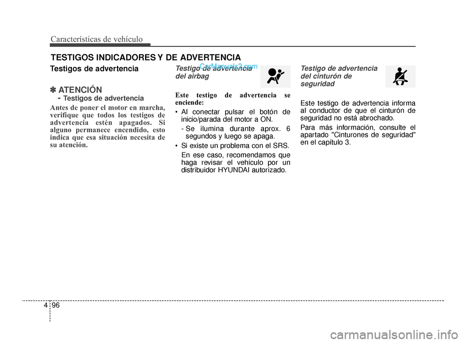 Hyundai Santa Fe Sport 2018  Manual del propietario (in Spanish) Características de vehículo
96
4
Testigos de advertencia
✽
✽
ATENCIÓN 
- 
Testigos de advertencia
Antes de poner el motor en marcha,
verifique que todos los testigos de
advertencia estén apaga