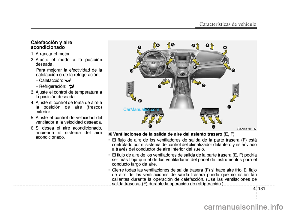 Hyundai Santa Fe Sport 2018  Manual del propietario (in Spanish) 4131
Características de vehículo
Calefacción y aire
acondicionado
1. Arrancar el motor.
2. Ajuste el modo a la posicióndeseada.
Para mejorar la efectividad de la
calefacción o de la refrigeració