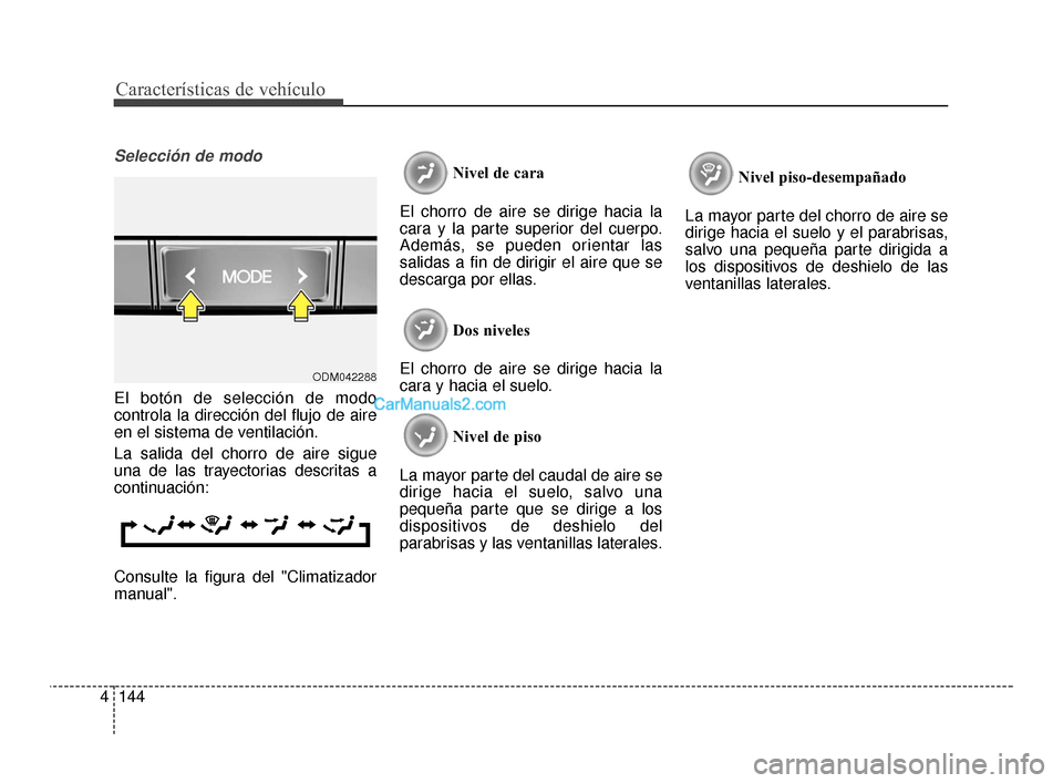 Hyundai Santa Fe Sport 2018 Manual del propietario (in Spanish) Características de vehículo
144
4
Selección de modo
El botón de selección de modo
controla la dirección del flujo de aire
en el sistema de ventilación.
La salida del chorro de aire sigue
una de Hyundai Santa Fe Sport 2018 Manual del propietario (in Spanish) Características de vehículo
144
4
Selección de modo
El botón de selección de modo
controla la dirección del flujo de aire
en el sistema de ventilación.
La salida del chorro de aire sigue
una de