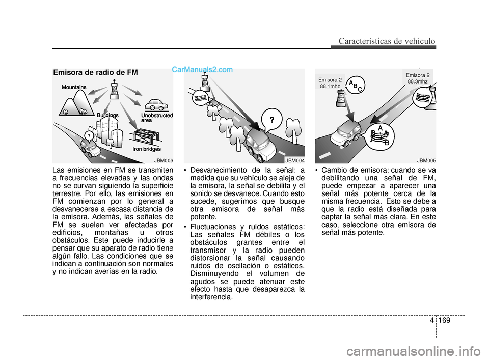 Hyundai Santa Fe Sport 2018  Manual del propietario (in Spanish) Las emisiones en FM se transmiten
a frecuencias elevadas y las ondas
no se curvan siguiendo la superficie
terrestre. Por ello, las emisiones en
FM comienzan por lo general a
desvanecerse a escasa dist