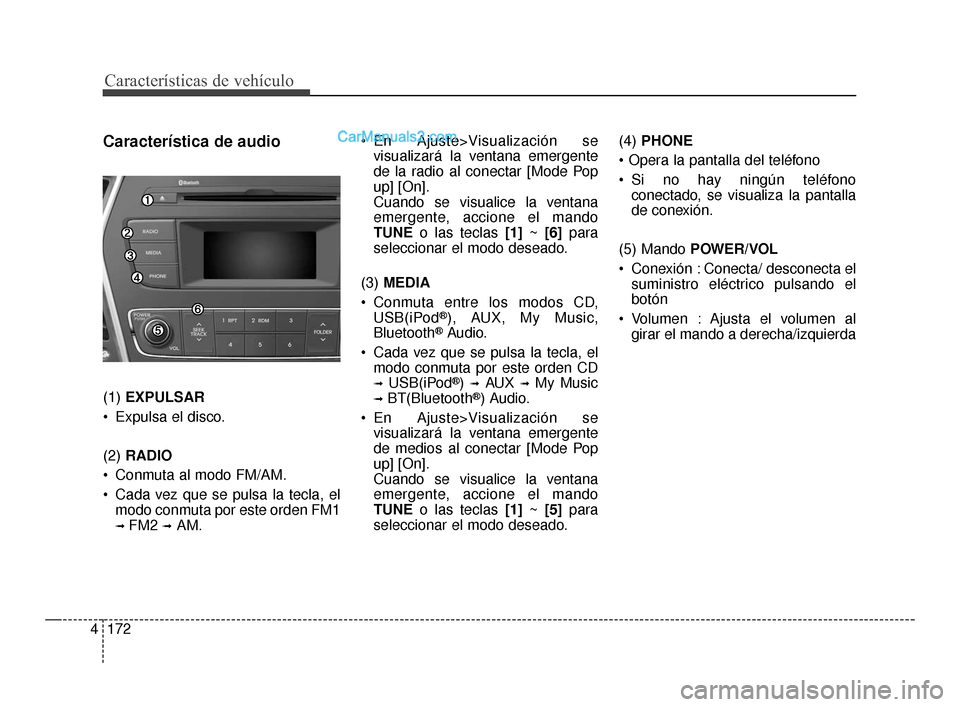 Hyundai Santa Fe Sport 2018  Manual del propietario (in Spanish) Características de vehículo
172
4
Característica de audio
(1)  EXPULSAR
 Expulsa el disco.
(2)  RADIO
 Conmuta al modo FM/AM.
 Cada vez que se pulsa la tecla, el modo conmuta por este orden FM1
➟